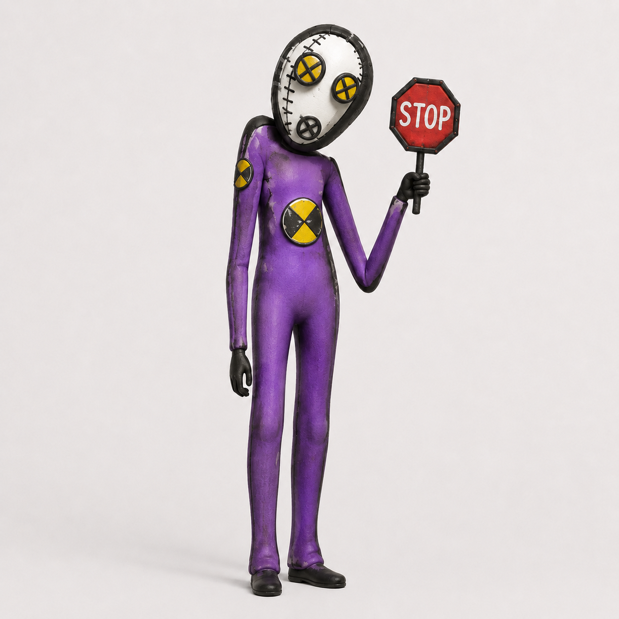 Testing Boy in a purple crash-test suit holding a stop sign